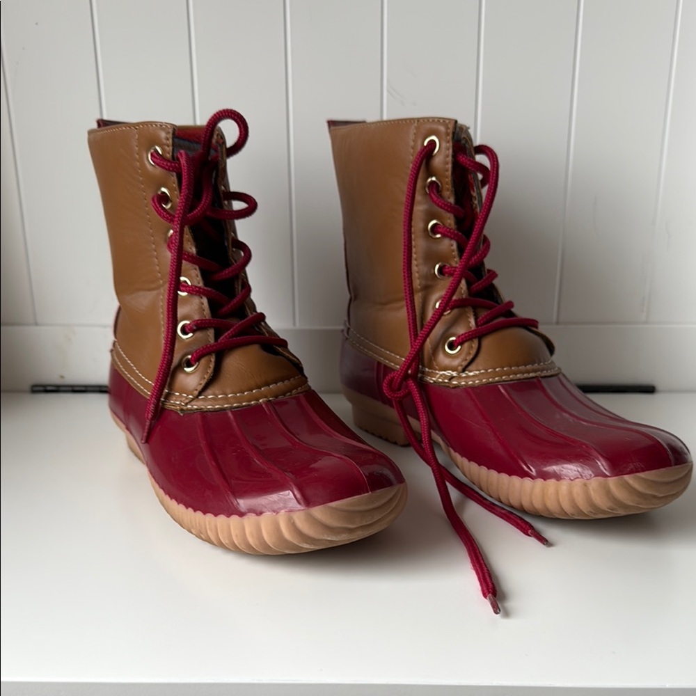 Two-Tone Duck Boots with Red/Burgundy Laces